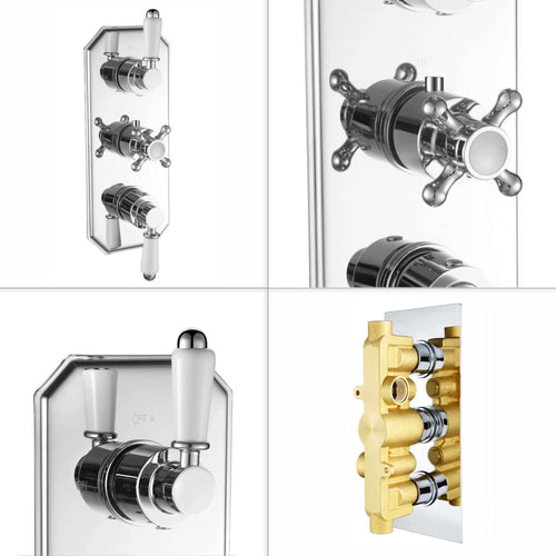 Buy Regent traditional crosshead and white lever concealed thermostatic triple shower valve with 2 outlets - chrome online UK