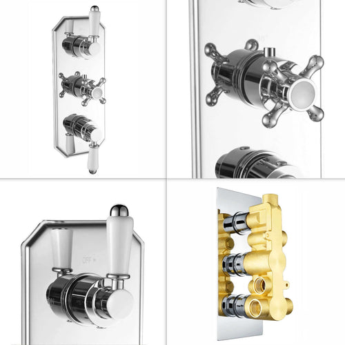 Buy Regent traditional crosshead and white lever concealed thermostatic triple shower valve with 3 outlets - chrome online UK