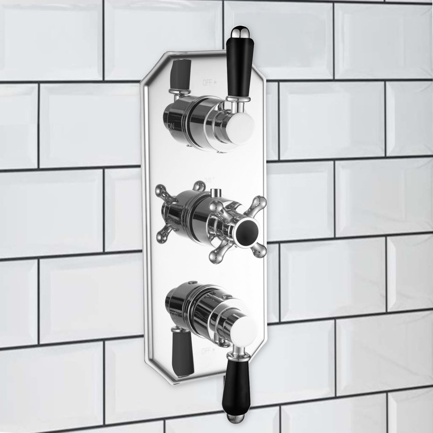 Regent traditional crosshead and black lever concealed thermostatic triple shower valve with 2 outlets - chrome - Showers
