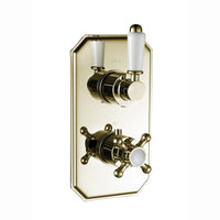 Regent traditional crosshead and white lever concealed thermostatic twin shower valve with 1 outlet - English gold - Showers