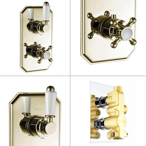 Buy Regent traditional crosshead and white lever concealed thermostatic twin shower valve with 1 outlet - gold online UK