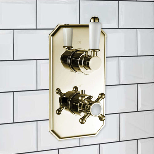 Buy Regent traditional crosshead and white lever concealed thermostatic twin shower valve with 2 outlets - gold online UK
