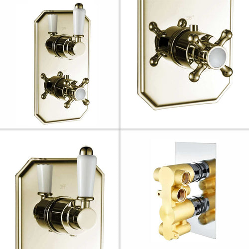 Buy Regent traditional crosshead and white lever concealed thermostatic twin shower valve with 2 outlets - gold online UK