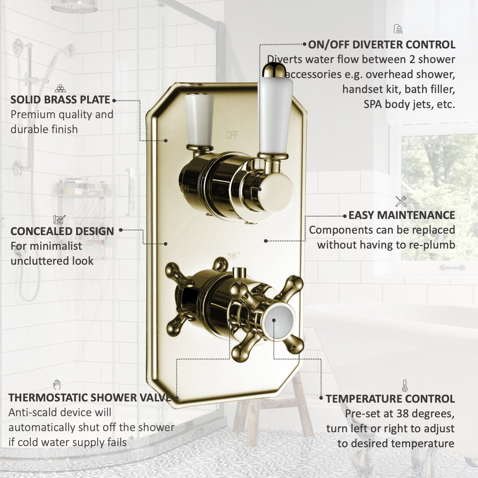 Regent traditional crosshead and white lever concealed thermostatic twin shower valve with 2 outlets - English gold - Showers