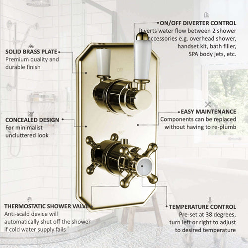 Buy Regent traditional crosshead and white lever concealed thermostatic twin shower valve with 2 outlets - gold online UK