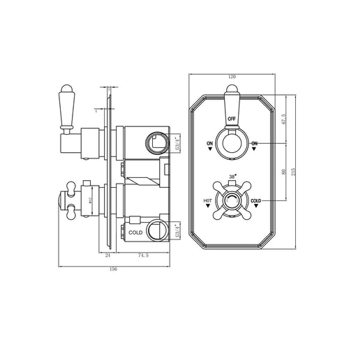 Buy Regent traditional crosshead and white lever concealed thermostatic twin shower valve with 2 outlets - gold online UK