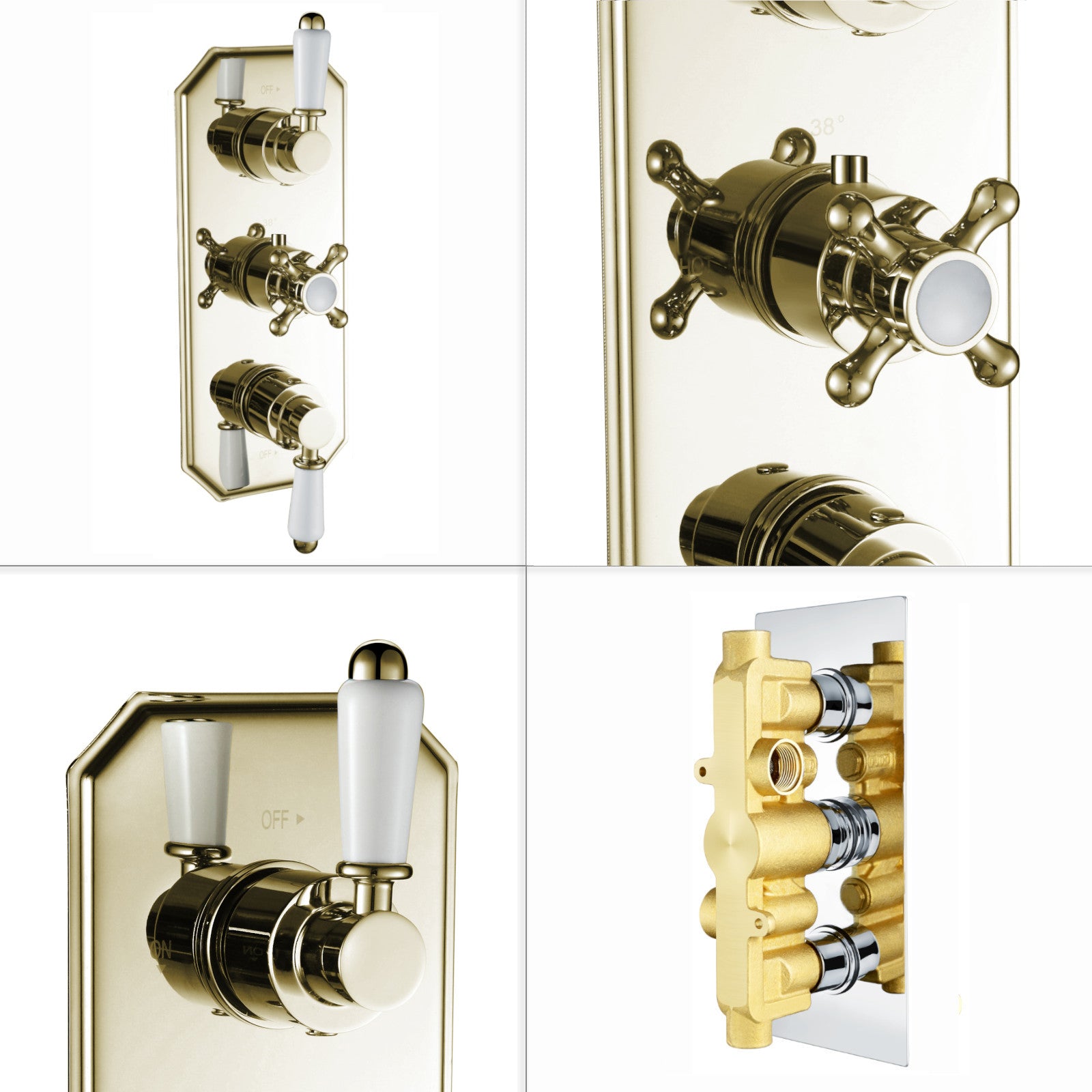 Regent traditional crosshead and white lever concealed thermostatic triple shower valve with 2 outlets - English gold - Showers