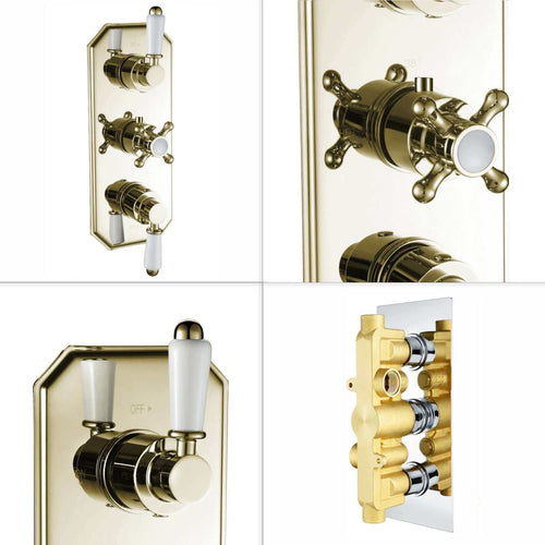 Buy Regent traditional crosshead and white lever concealed thermostatic triple shower valve with 2 outlets - gold online UK