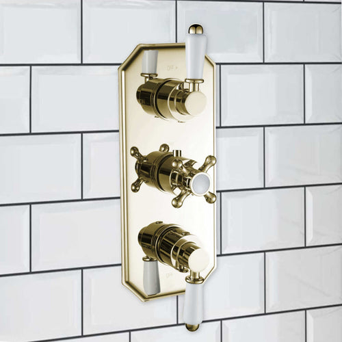 Buy Regent traditional crosshead and white lever concealed thermostatic triple shower valve with 3 outlets - gold online UK