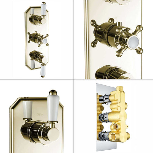 Buy Regent traditional crosshead and white lever concealed thermostatic triple shower valve with 3 outlets - gold online UK