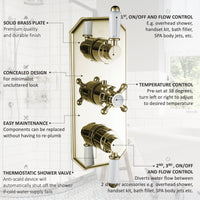 Regent traditional crosshead and white lever concealed thermostatic triple shower valve with 3 outlets - English gold - Showers