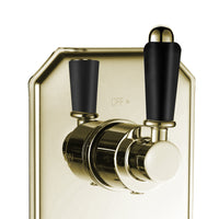 Regent traditional crosshead and black lever concealed thermostatic twin shower valve with 1 outlet - English gold - Showers