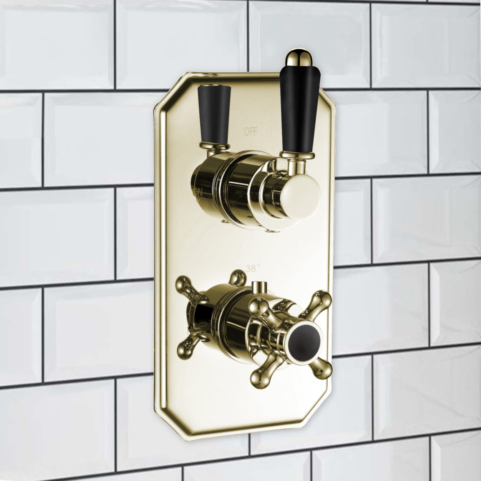 Regent traditional crosshead and black lever concealed thermostatic twin shower valve with 2 outlets - English gold - Showers