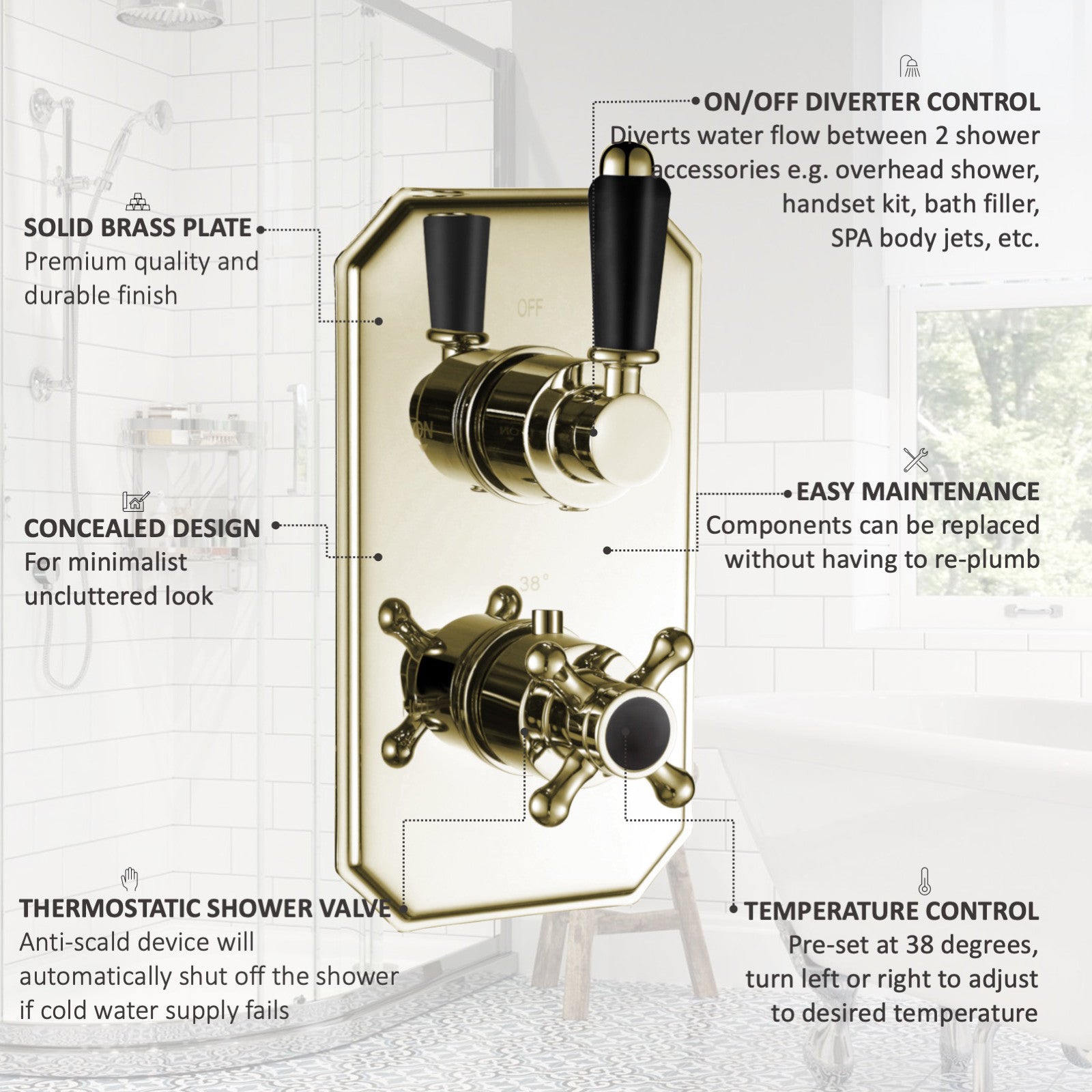Regent traditional crosshead and black lever concealed thermostatic twin shower valve with 2 outlets - English gold - Showers