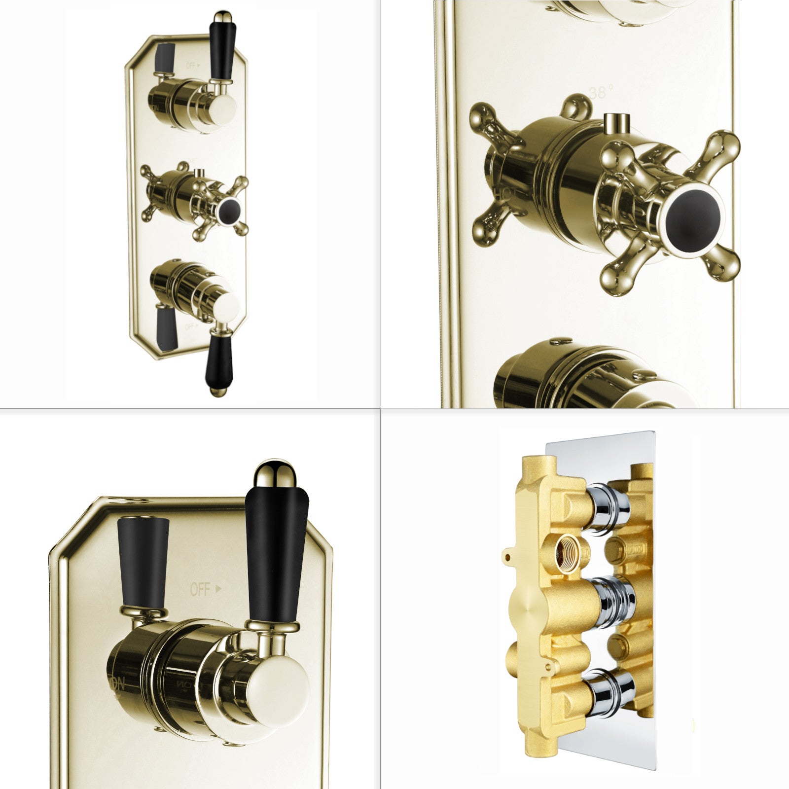 Regent traditional crosshead and black lever concealed thermostatic triple shower valve with 2 outlets - English gold - Showers