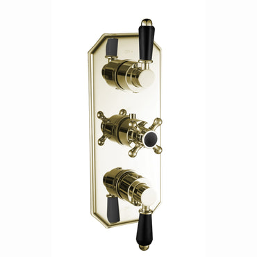 Regent traditional crosshead and black lever concealed thermostatic triple shower valve with 3 outlets - English gold - Showers
