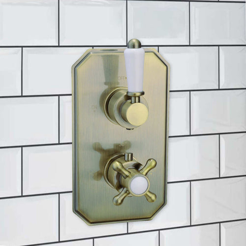 Buy Regent traditional crosshead and white lever concealed thermostatic twin shower valve with 1 outlet - antique brass online UK
