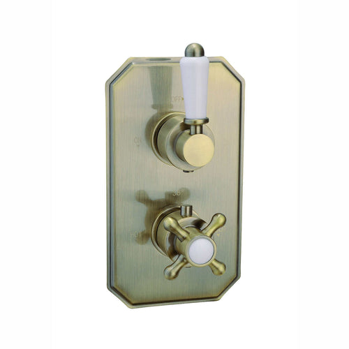 Buy Regent traditional crosshead and white lever concealed thermostatic twin shower valve with 1 outlet - antique brass online UK