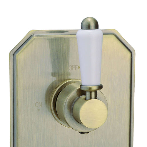 Buy Regent traditional crosshead and white lever concealed thermostatic twin shower valve with 1 outlet - antique brass online UK