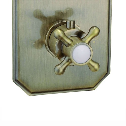 Buy Regent traditional crosshead and white lever concealed thermostatic twin shower valve with 1 outlet - antique brass online UK