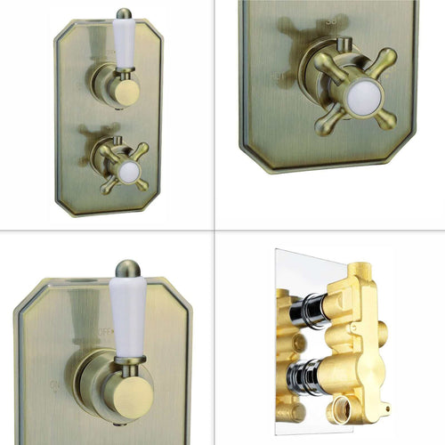 Buy Regent traditional crosshead and white lever concealed thermostatic twin shower valve with 1 outlet - antique brass online UK