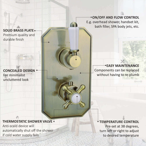 Buy Regent traditional crosshead and white lever concealed thermostatic twin shower valve with 1 outlet - antique brass online UK