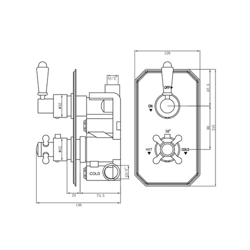 Buy Regent traditional crosshead and white lever concealed thermostatic twin shower valve with 1 outlet - antique brass online UK