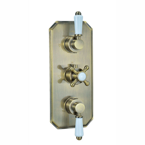 Buy Regent traditional crosshead and white lever concealed thermostatic triple shower valve with 2 outlets - antique brass online UK