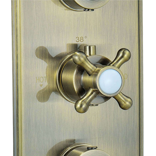 Buy Regent traditional crosshead and white lever concealed thermostatic triple shower valve with 2 outlets - antique brass online UK