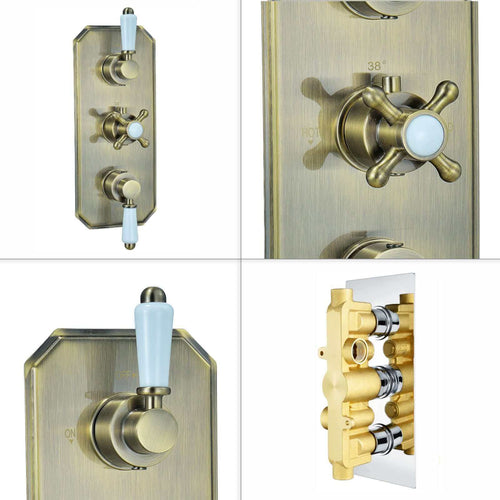 Buy Regent traditional crosshead and white lever concealed thermostatic triple shower valve with 2 outlets - antique brass online UK