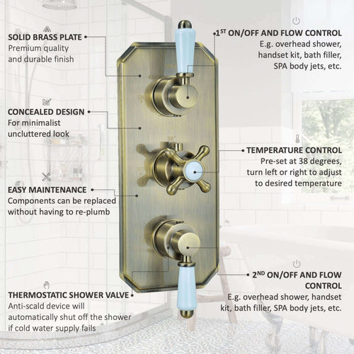 Buy Regent traditional crosshead and white lever concealed thermostatic triple shower valve with 2 outlets - antique brass online UK