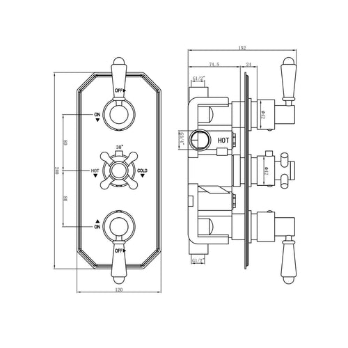 Buy Regent traditional crosshead and white lever concealed thermostatic triple shower valve with 2 outlets - antique brass online UK