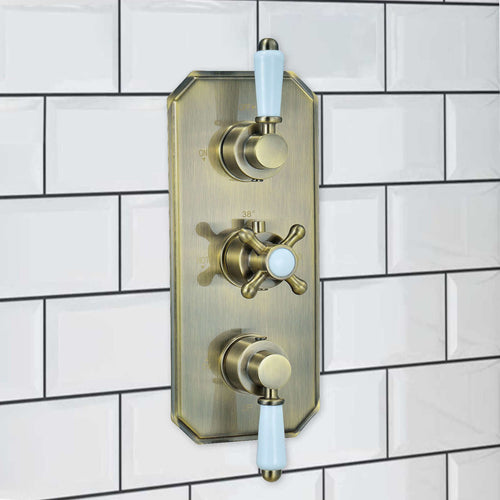 Buy Regent traditional crosshead and white lever concealed thermostatic triple shower valve with 3 outlets - antique brass online UK