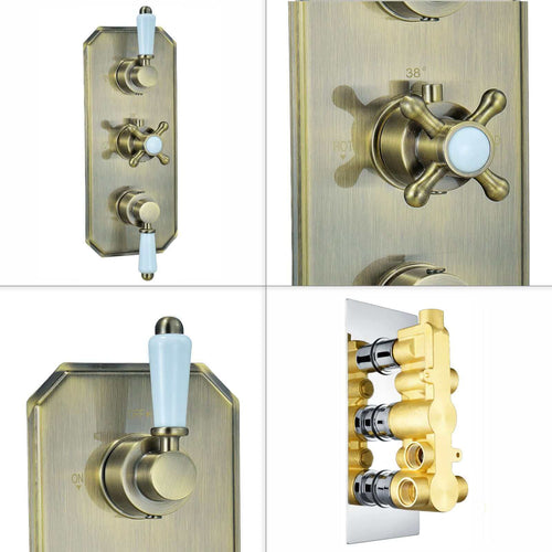 Buy Regent traditional crosshead and white lever concealed thermostatic triple shower valve with 3 outlets - antique brass online UK