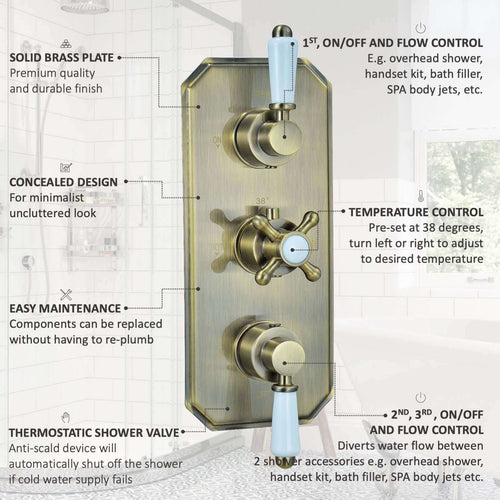 Buy Regent traditional crosshead and white lever concealed thermostatic triple shower valve with 3 outlets - antique brass online UK