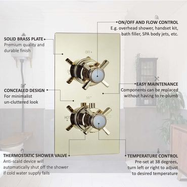 Edward traditional crosshead and white detail concealed thermostatic twin shower valve with 1 outlet - English gold - Showers