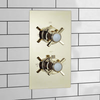 Edward traditional crosshead and white detail concealed thermostatic twin shower valve with 2 outlets - English gold - Showers