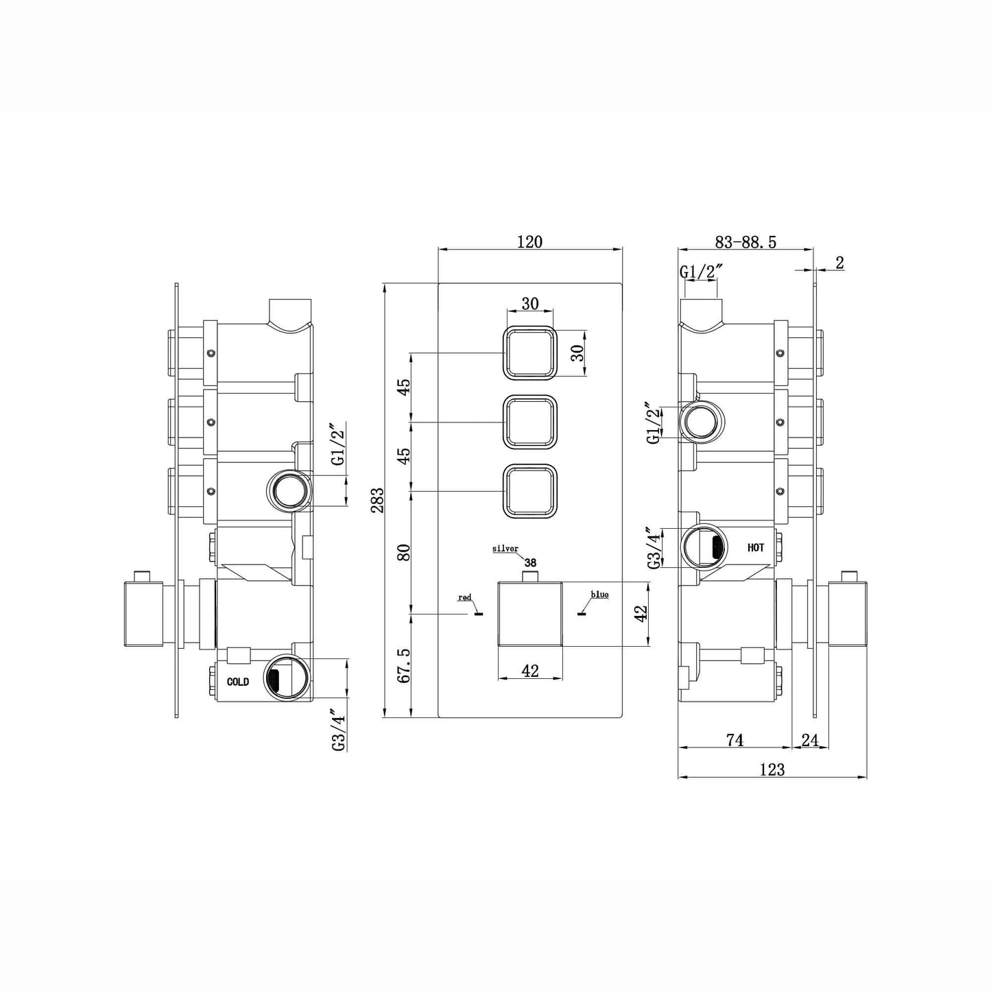 Milan square push button concealed thermostatic triple shower valve with 3 outlets - black - Showers