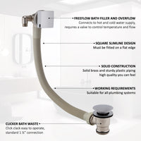 Square freeflow bath filler with overflow and clicker waste - chrome - Taps