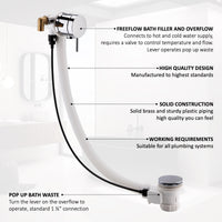 Round freeflow bath filler with overflow and pop up waste - chrome - Taps