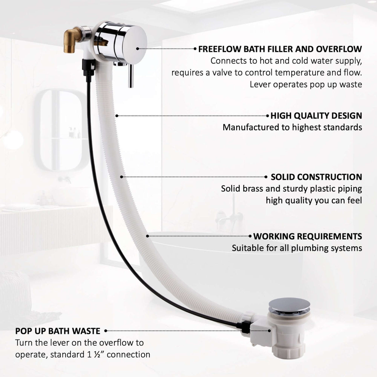 Round freeflow bath filler with overflow and pop up waste chrome at £