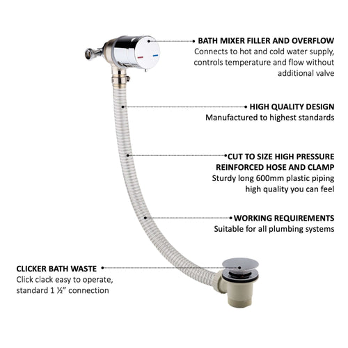 Buy Round temperature control bath mixer filler with overflow and clicker waste - chrome online UK