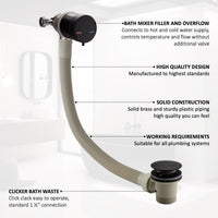 Round temperature control bath mixer filler with overflow and clicker waste - matte black - Taps