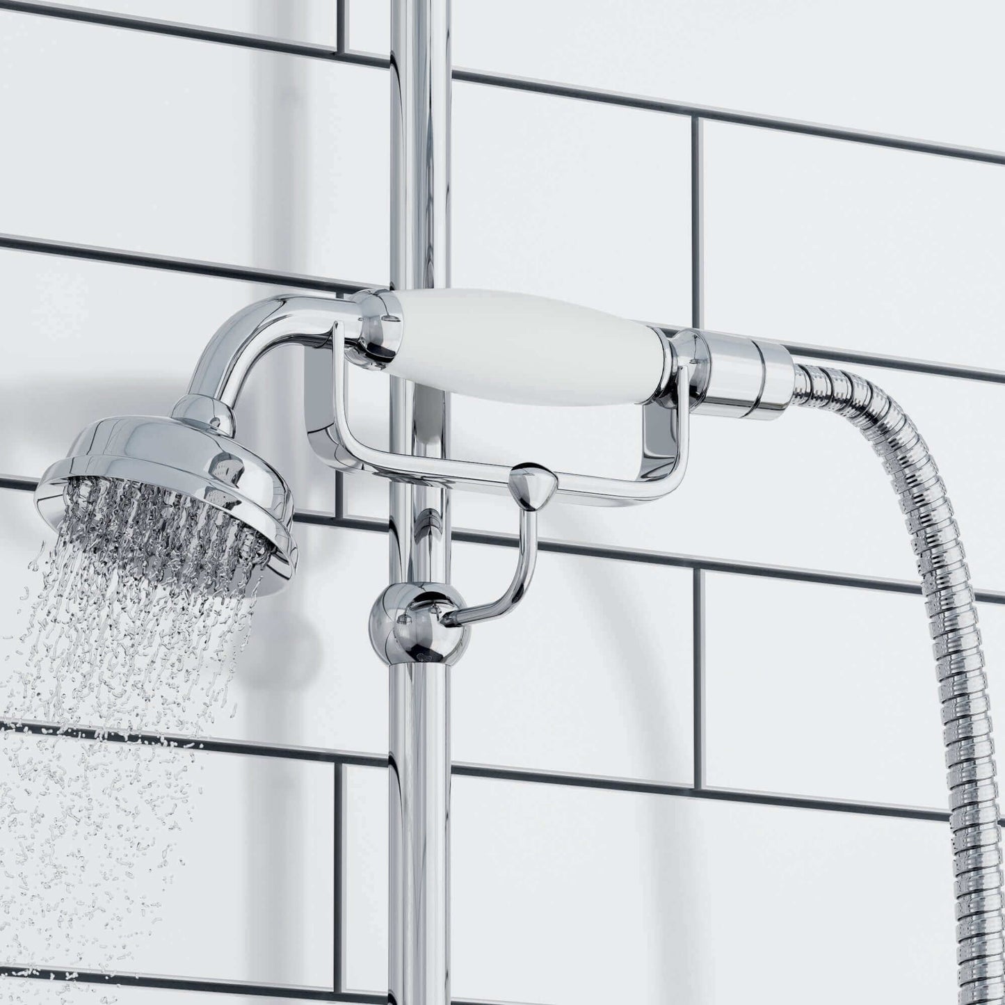 chrome and white shower head and hose