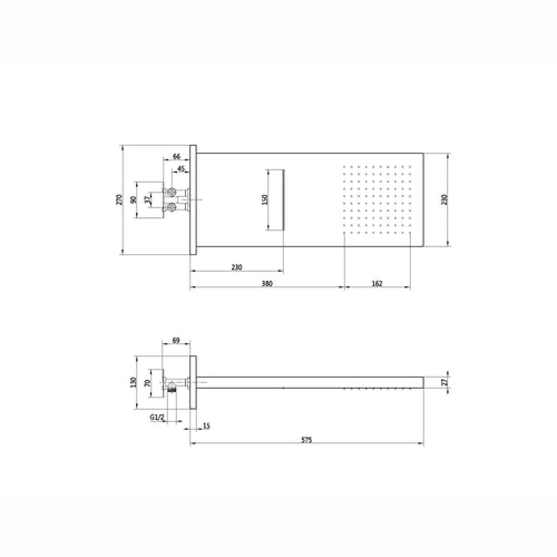 Buy Rectangular dual fixed shower head (waterfall + rainfall) 575 x 230mm - chrome online UK
