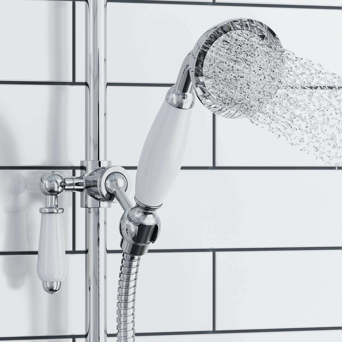 Traditional Handheld Shower Head and Hose Kit Brass with White Ceramic Details - Chrome - Showers